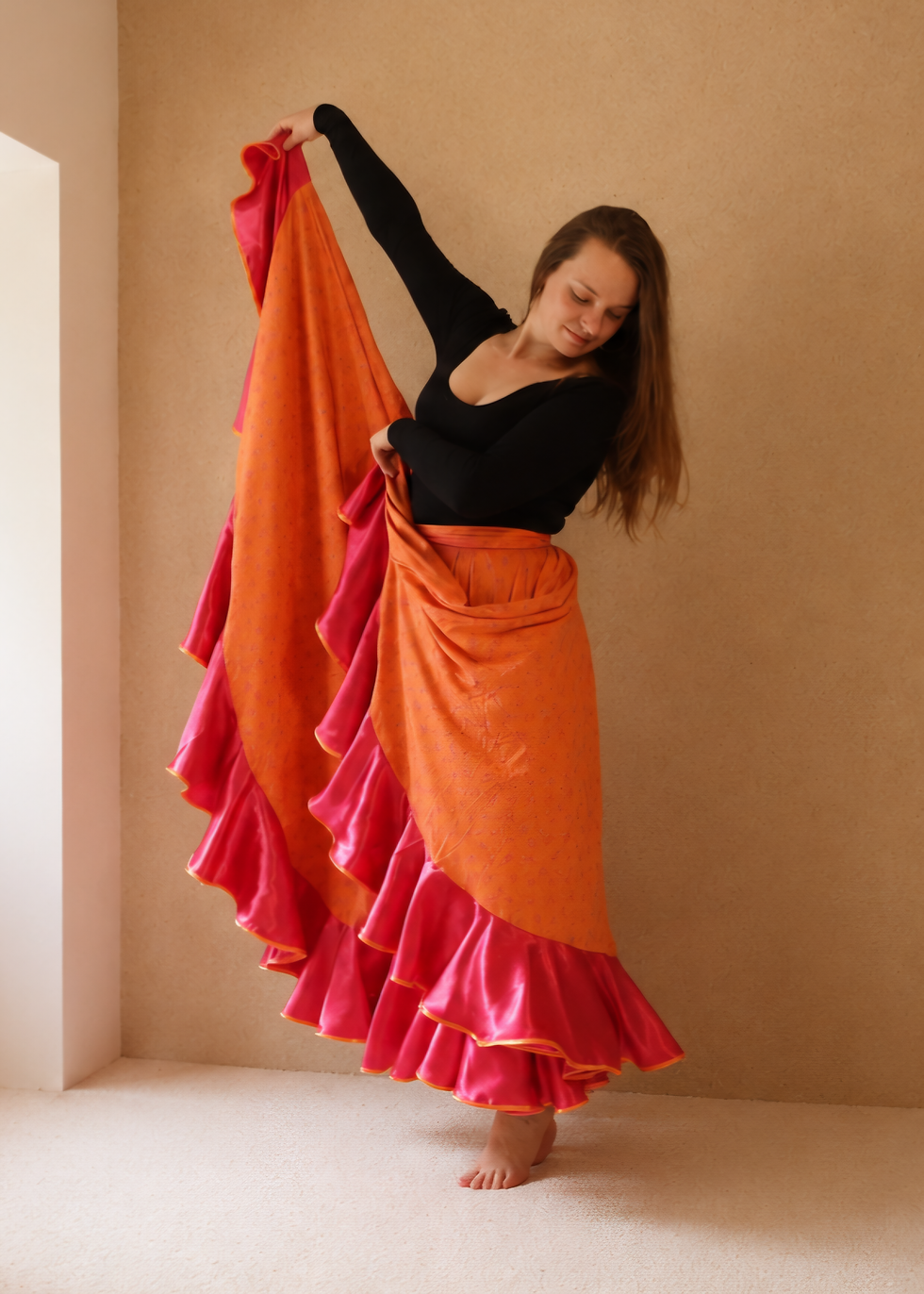 Miniature : Jupe tzigane romani russe tribal dance médiéval très ample orange et fushia