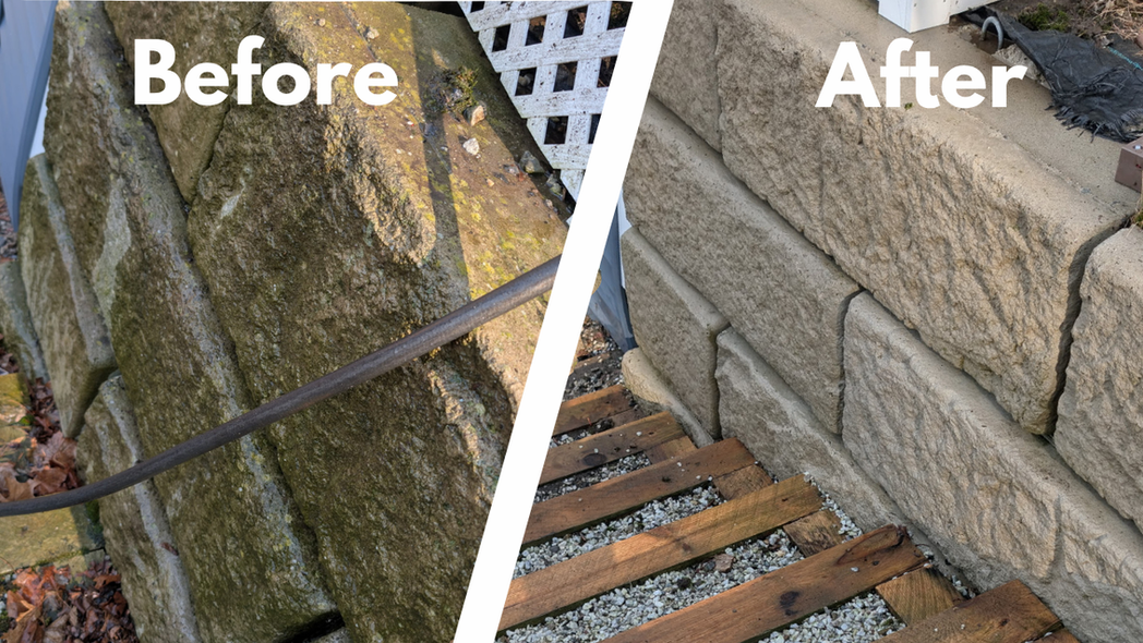 before & after pressure washing of paver wall & wood steps