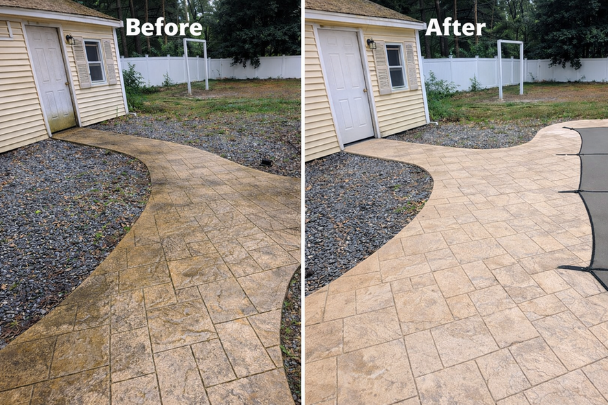 before & after pressure washing of stamped concrete walkway