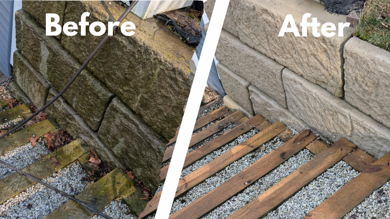 before & after pressure washing of paver wall and wooden steps