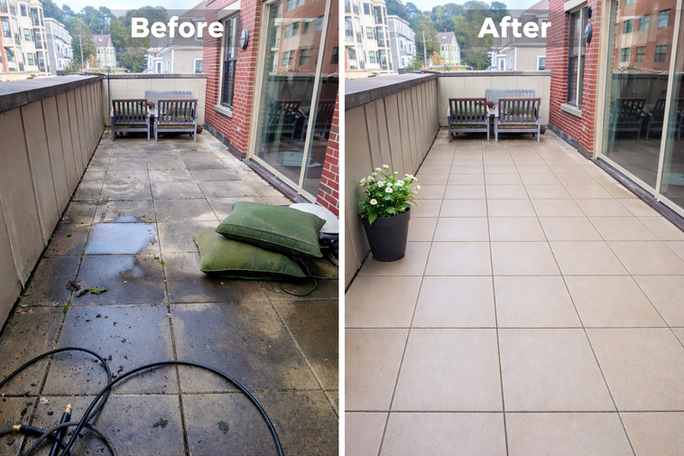 before & after removal of moss & algae from ceramic tile balcony floor