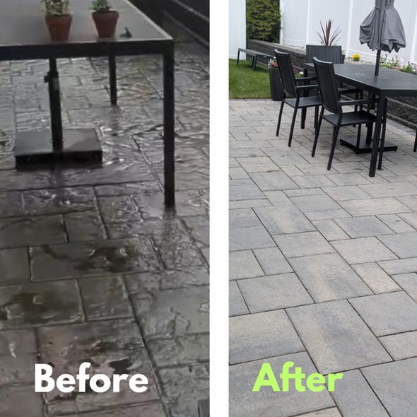 before and after cleaning of dirt and grime from paver patio