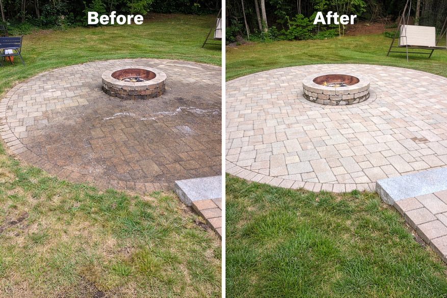before and after photo of brick patio & firepit in Wilmington