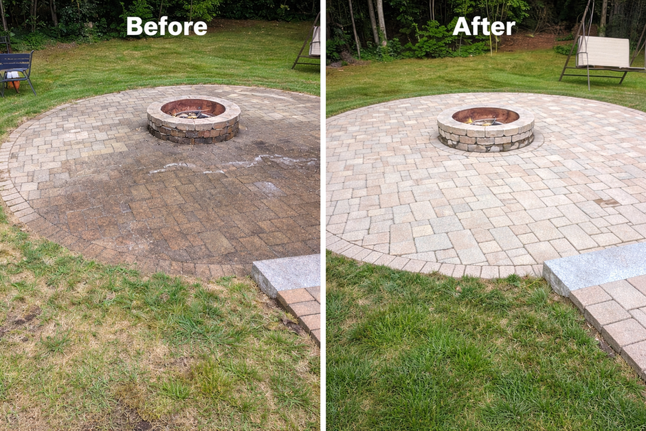 before and after photo of brick patio & firepit in Wilmington