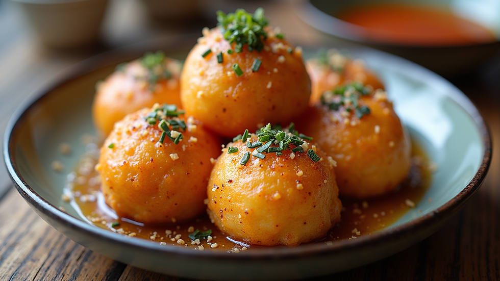 Close-up view of a plate with golden takoyaki balls garnished with sauce and bonito flakes