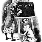 man writing on chalkboard with dog