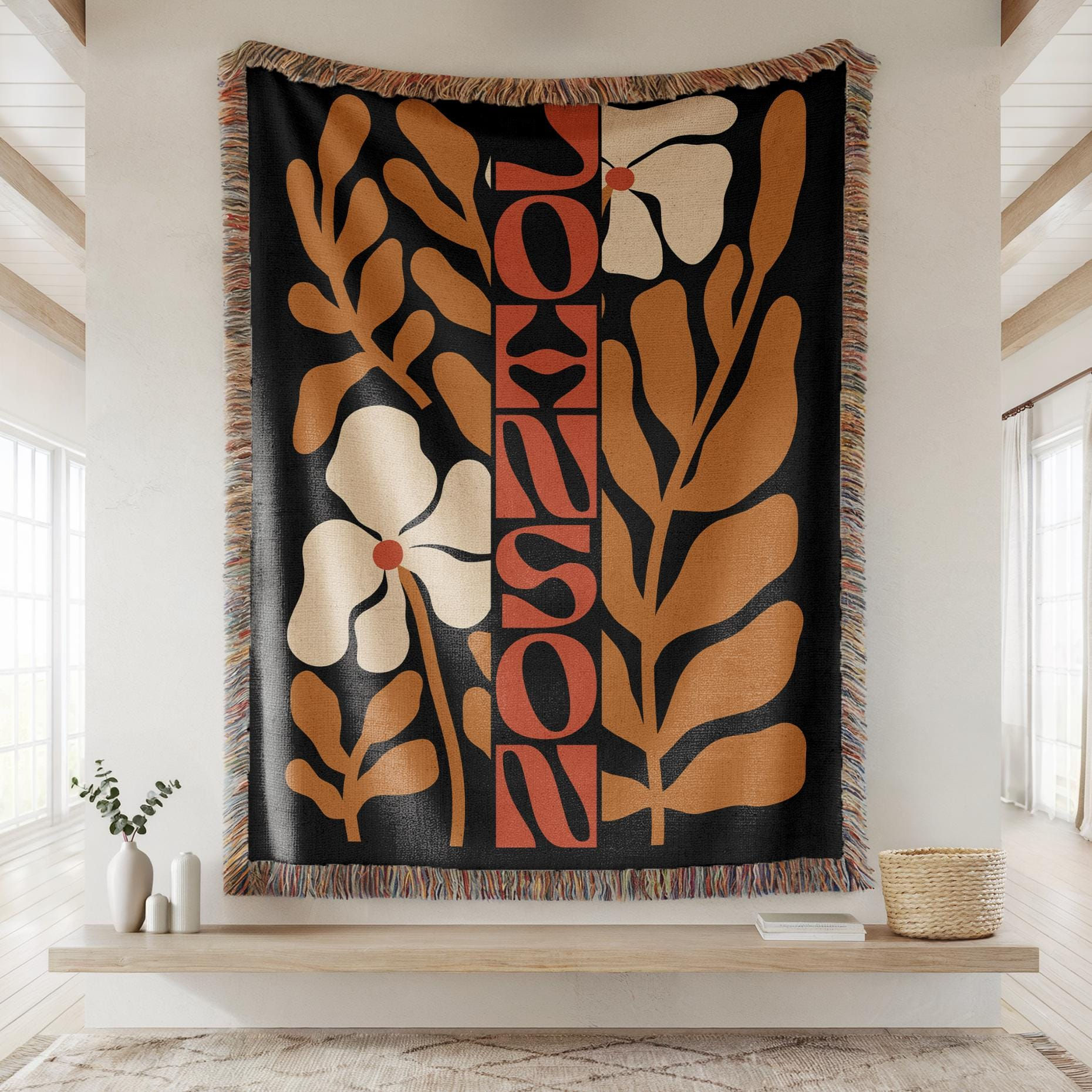 Fall Woven Blanket with Custom Name Boho Floral Blanket Thanksgiving Hostess Gi