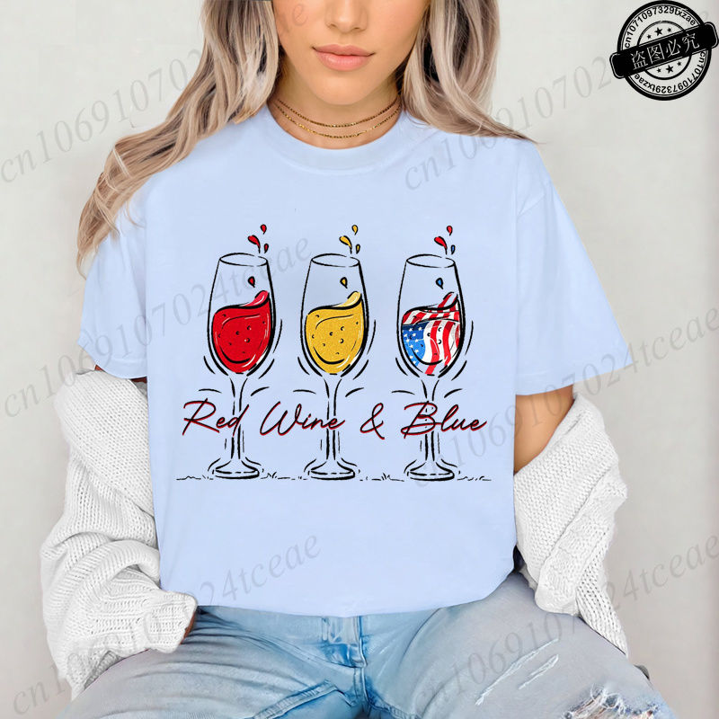 Thumbnail: Summer New Fashion T-Shirts Red Wine and Blue Graphic Print Clothing Women's T-S
