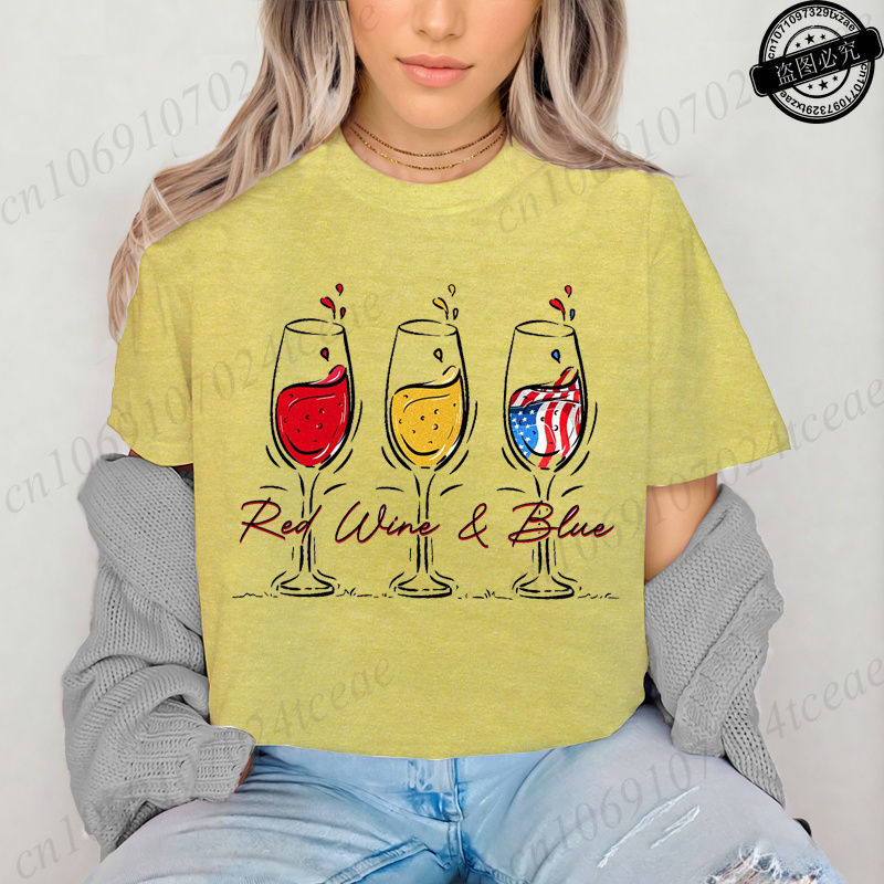 Thumbnail: Summer New Fashion T-Shirts Red Wine and Blue Graphic Print Clothing Women's T-S