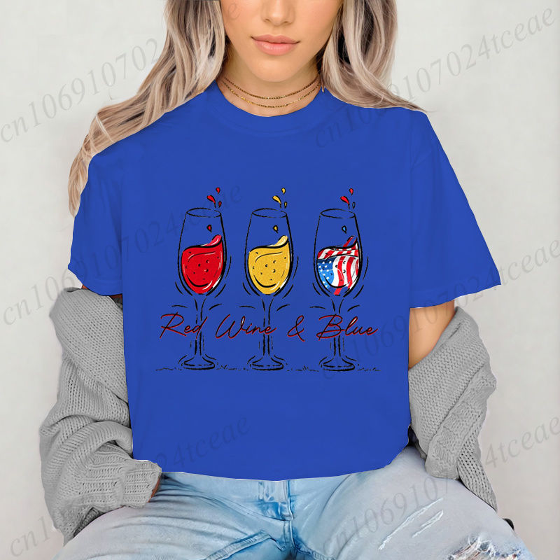 Thumbnail: Summer New Fashion T-Shirts Red Wine and Blue Graphic Print Clothing Women's T-S