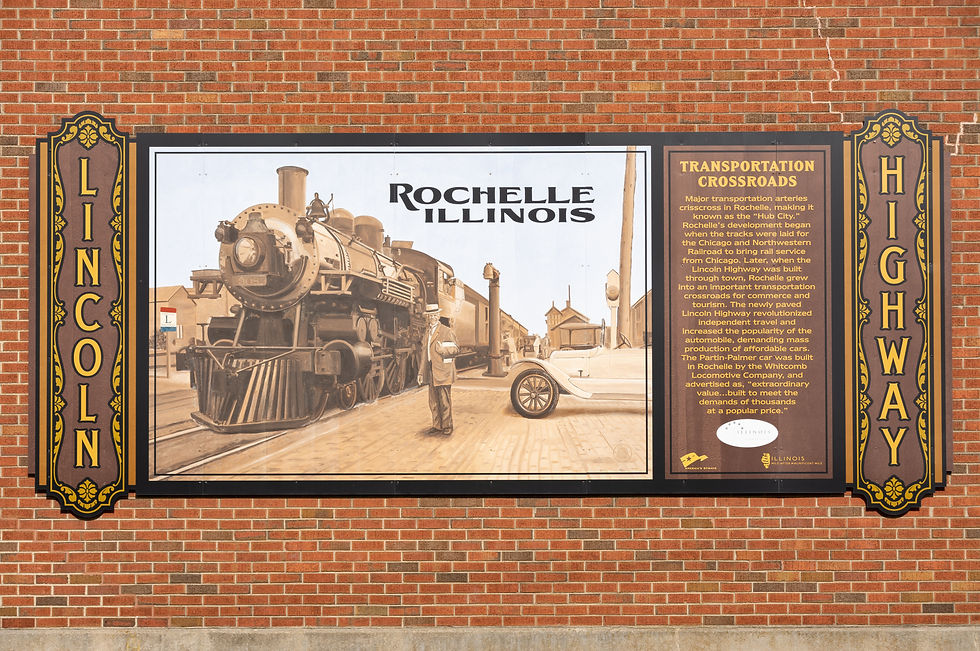 Funded by the Illinois Lincoln Highway Coalition, this Lincoln Highway mural by artist Jay Allen, highlights Rochelle and how it became known as "Hub City".. Address: 150 N 15th St, Rochelle, IL 61068