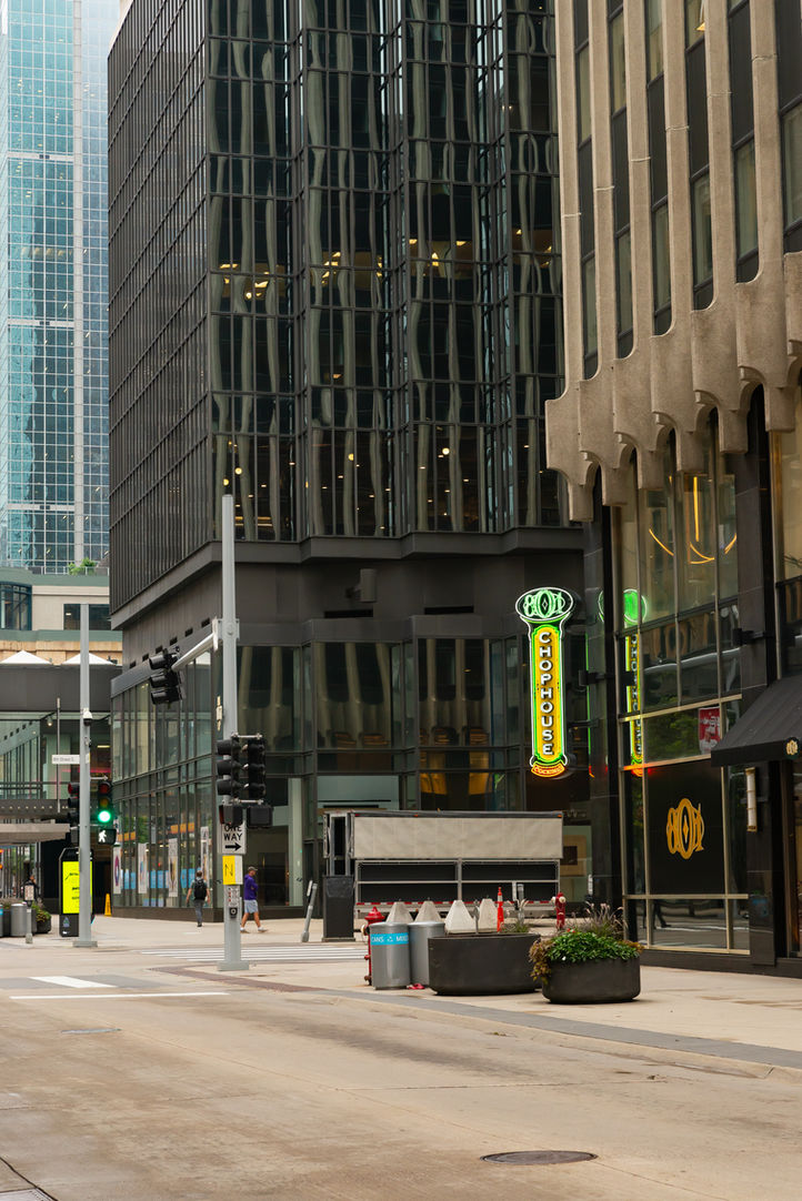 Downtown Minneapolis skyline on a rainy morning.