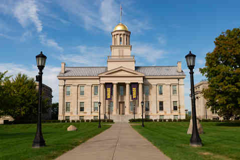 Exterior of the historic Iowa Old Capitol Building in Iowa City, Iowa, USA.