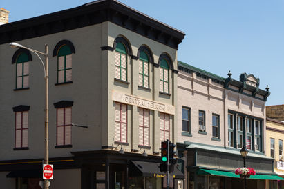 Downtown building and storefront in Watertown, Wisconsin, USA.