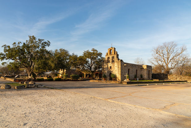 Exterior of the church at Mission Espada, building completed in 1756, at the San Antonio Missions National Park in San Antonio, Texas, USA.