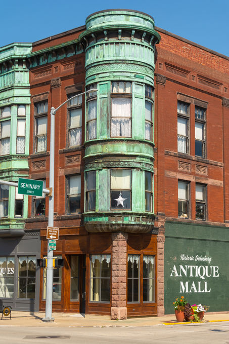 Exterior of old building in Midwest city on a sunny Summer morning.  Galesburg, Illinois, USA
