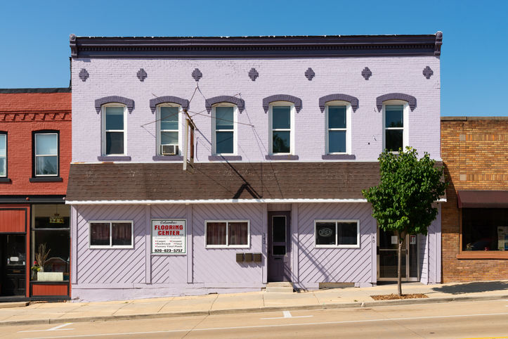 Exterior of downtown building and storefront in Columbus, Wisconsin, USA.