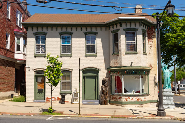 Exterior of downtown buildings and storefronts in Boyertown, Pennsylvania, USA.