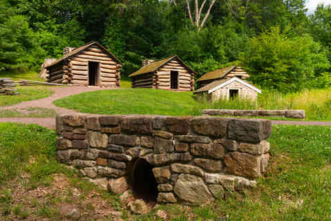 The Commander in Chief's Guard Huts at Valley Forge National Historical Park on a beautiful Summer afternoon in King of Prussia, Pennsylvania, USA.