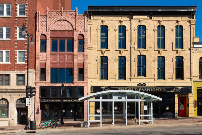 Downtown buildings and storefronts in Madison, Wisconsin.