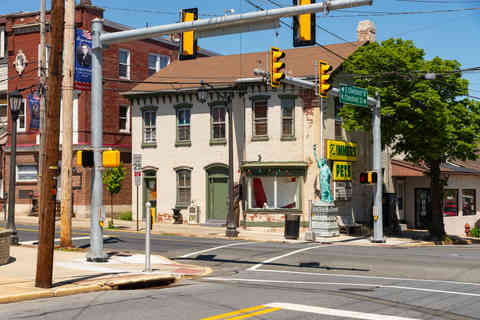 Boyertown, Pennsylvania - United States - April 27th, 2026: Exterior of downtown buildings and storefronts in Boyertown, Pennsylvania, USA. *FOR EDITORIAL USE ONLY
