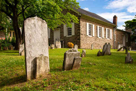 Germantown Mennonite burial grounds dating back to 1704 and Meetinghouse from 1708 in the Germantown neighborhood of Philadelphia, Pennsylvania, USA.