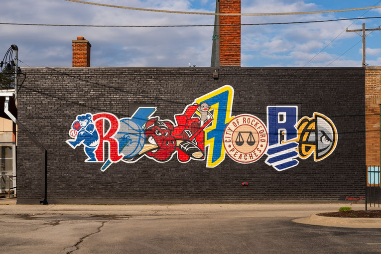 The "Rockford" mural designed by artist Vic Rivera and painted by muralist Brett Whitacre in downtown Rockford, Illinois, USA.