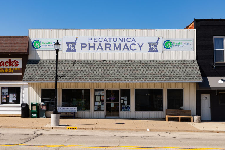 Building and storefront in downtown Pecatonica, Illinois, USA.