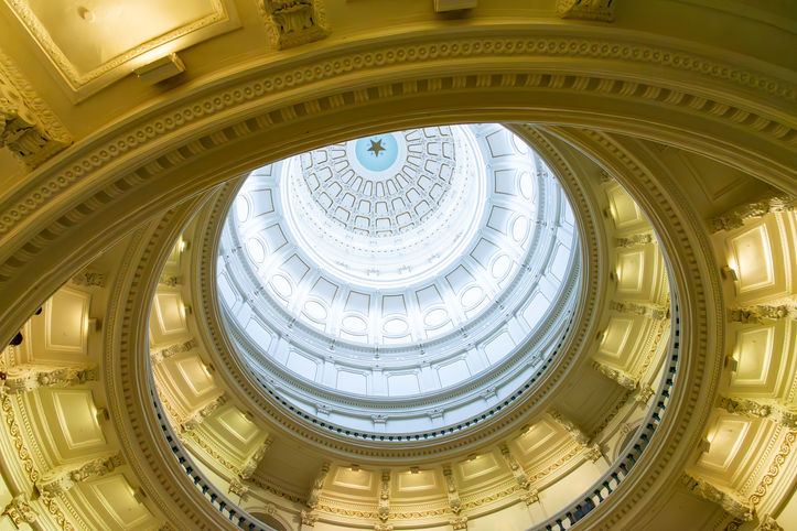 Looking up the rotunda at the Texas State Capitol Building in Austin, Texas, USA.