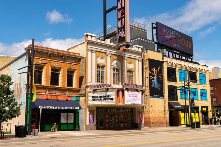 Exterior of the Orpheum Theatre, originally opened in 1921, in downtown Minneapolis, Minnesota, USA.