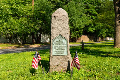 The Historic Washington Route Obelisk, installed in 1914 by the New Jersey Sons of the Revolution, marking George Washington's route from Trenton to Princeton in Lawrence Township, New Jersey, USA.