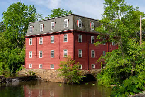 Princeton, New Jersey - United States - May 26th, 2026: The historic Kingston Grist Mill, built in 1888, on the Lincoln Highway in Princeton, New Jersey, USA.
