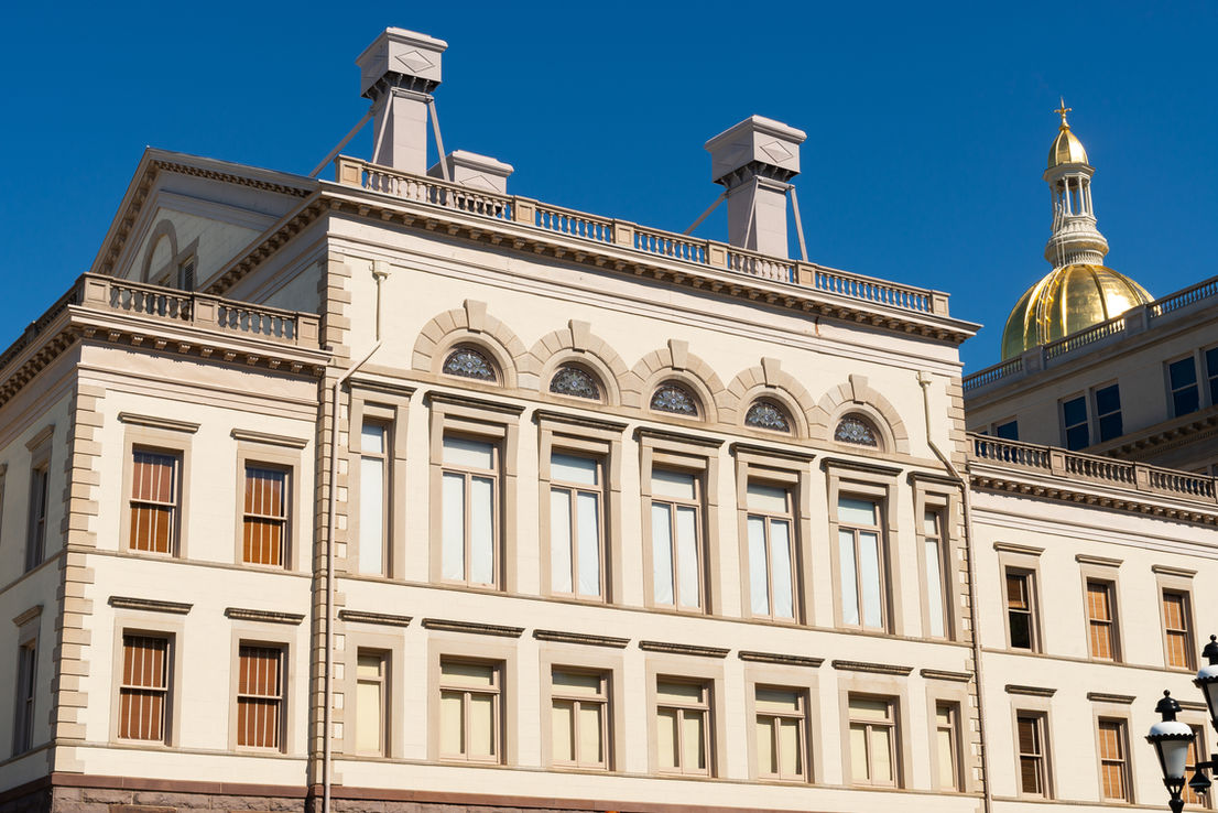 Exterior of the New Jersey State House in Trenton, New Jersey, USA.