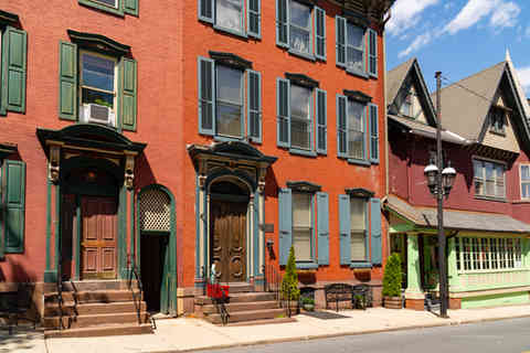 Jim Thorpe, Pennsylvania - United States - May 4th, 2026: Exterior of downtown buildings in Jim Thorpe, Pennsylvania, USA. *FOR EDITORIAL USE ONLY