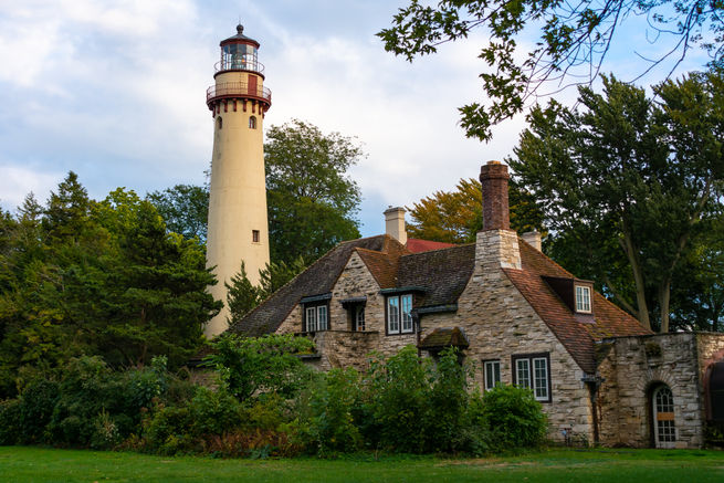 The historic Grosse Point Lighthouse in Evanston, Illinois.  Built in 1873.  Added to the U.S. National Register of Historic Places on September 8th, 1976 and designated as a U.S. National Historic Landmark on January 20th, 1999.