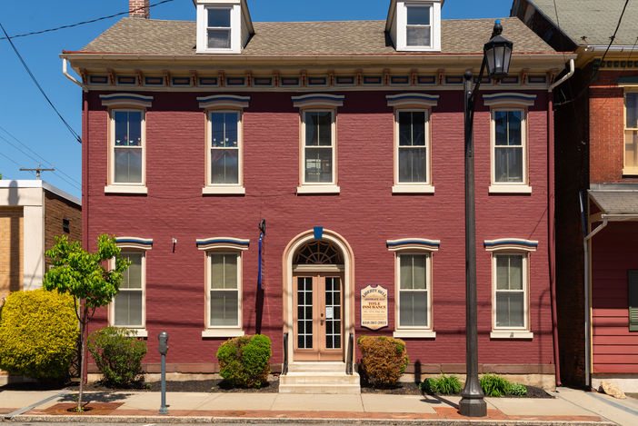 Exterior of downtown buildings and storefronts in Boyertown, Pennsylvania, USA.