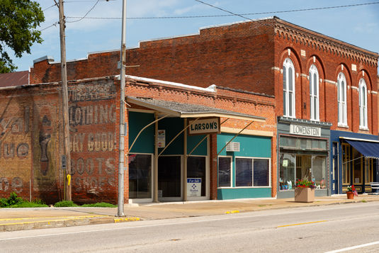 Exterior of downtown buildings and storefronts in White Hall, Illinois, USA.