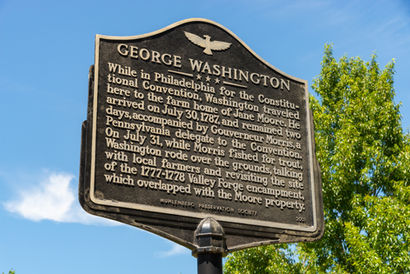 Sign for the Jane Moore Farm, location of General Muhlenberg’s quarters during the Valley Forge encampment of 1777-78, in King of Prussia, Pennsylvania, USA.