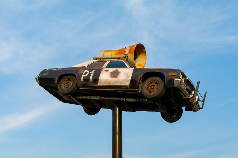 Blues Brother's replica police car on Historic Route 66 in Joliet, Illinois, USA.