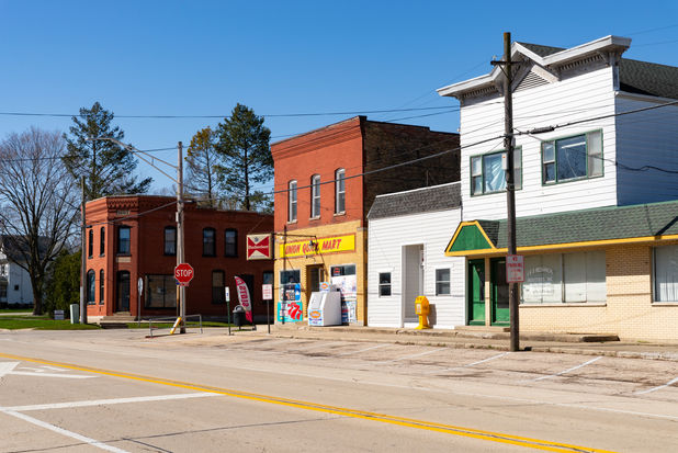 Downtown building and storefront on Main Street in Union, Illinois, USA.