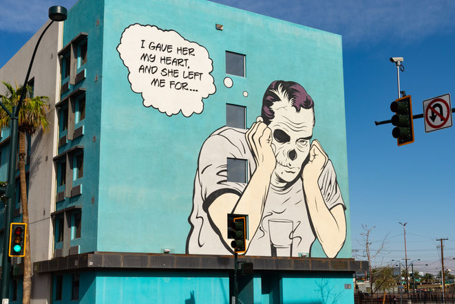 Mural "I Gave Her My Heart" by artist D-Face, completed in 2013, in Las Vegas, Nevada, USA.