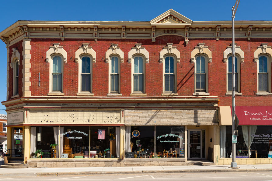 Downtown building and storefront on South State Street in Marengo, Illinois, USA.