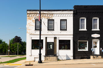 Exterior of downtown building and storefront in Columbus, Wisconsin, USA.