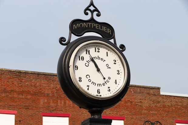 Town clock in downtown Montpelier, Ohio, USA.