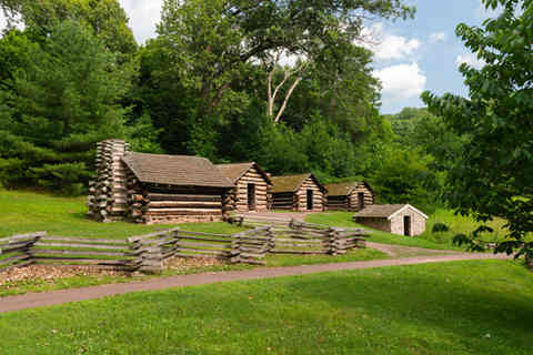 The Commander in Chief's Guard Huts at Valley Forge National Historical Park on a beautiful Summer afternoon in King of Prussia, Pennsylvania, USA.