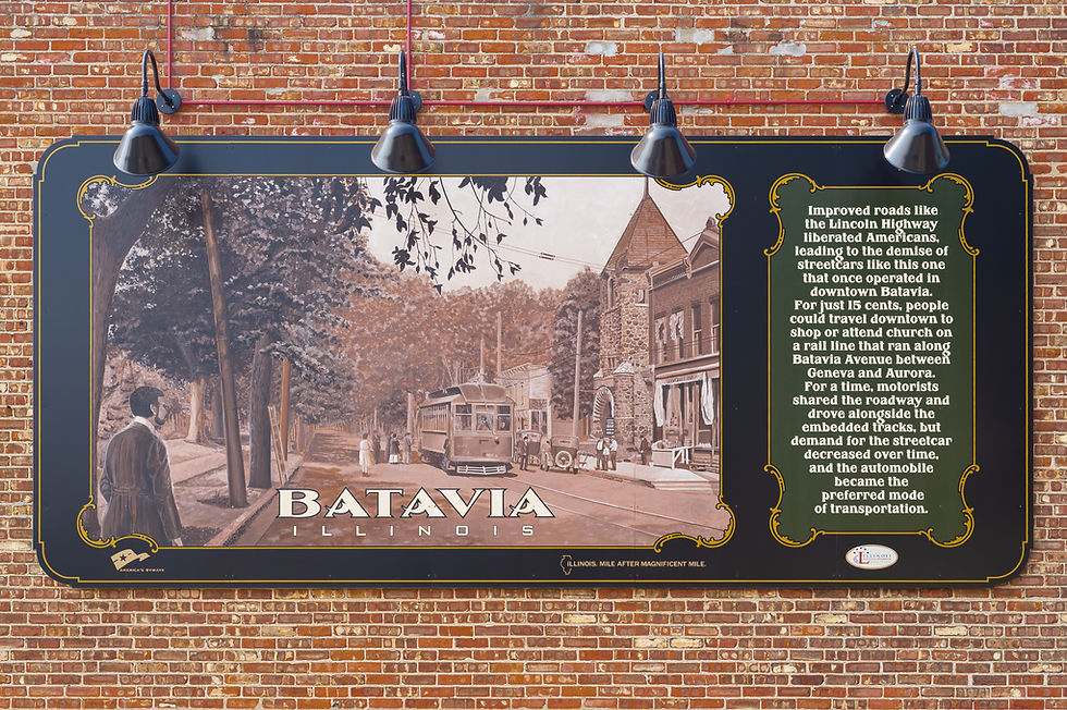 Funded by the Illinois Lincoln Highway Coalition and installed on August 8th, 2012, this Lincoln Highway mural by artist Jay Allen, highlights the routes overtaking and demise of streetcar transportation. Address: 109 S Batavia Ave, Batavia, IL