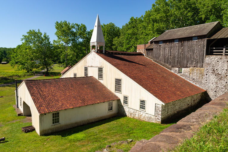 Exterior of the historic Cast House at Hopewell Furnace National Historic Site in Elverson, Pennsylvania, USA