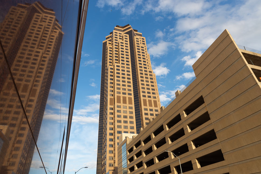 Downtown buildings on a beautiful Summer afternoon in Des Moines, Iowa, USA.