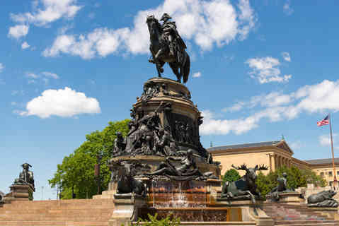 Philadelphia, Pennsylvania - United States - May 28th, 2026: The Washington Monument by Rudolf Siemering, dedicated in 1897, at Eakins Oval in Philadelphia, Pennsylvania, USA.