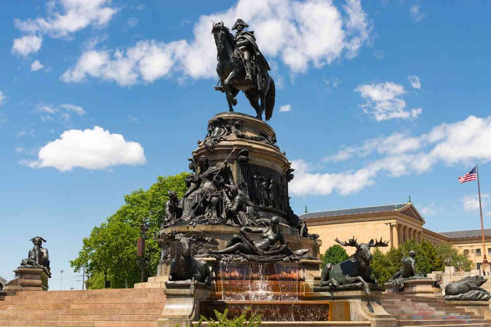 Philadelphia, Pennsylvania - United States - May 28th, 2026: The Washington Monument by Rudolf Siemering, dedicated in 1897, at Eakins Oval in Philadelphia, Pennsylvania, USA.